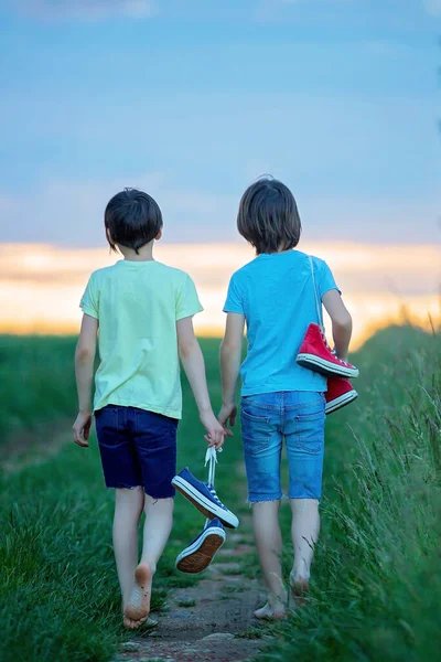 Happy Children Boy Brothers Holding Pair Sneakers Hands Walking Rural — Stock Photo, Image