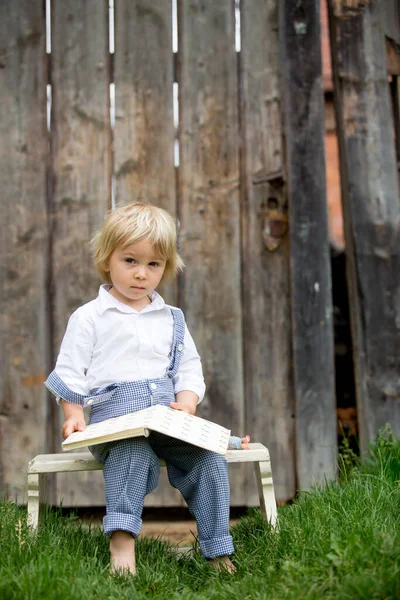 Blond Liten Pojke Läsa Bok Trädgården Framför Gamla Trägrinden — Stockfoto