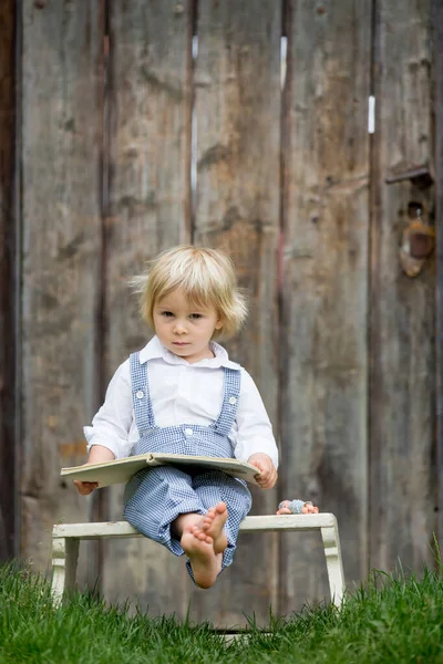 Blond Liten Pojke Läsa Bok Trädgården Framför Gamla Trägrinden — Stockfoto