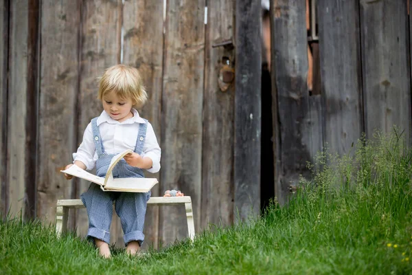 Menino Loiro Lendo Livro Jardim Frente Velho Portão Madeira — Fotografia de Stock