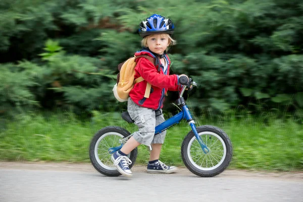 Leuke Peuter Jongen Met Blauwe Helm Rijden Evenwicht Fiets Straat — Stockfoto