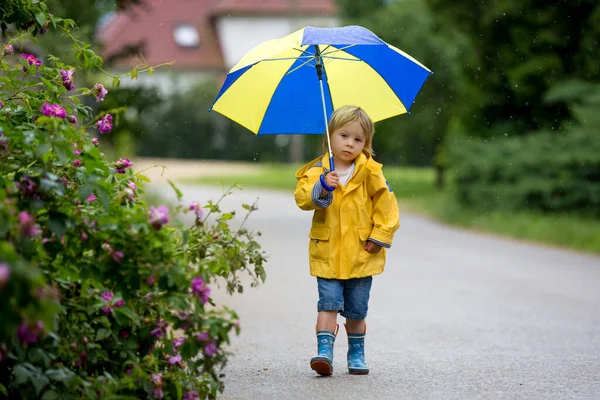 Mother Toddler Child Boy Playing Rain Wearing Boots Raincoats — Stock Photo, Image