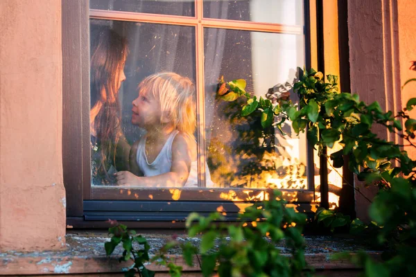 Child Toddler Boy Looking Window — Stock Photo, Image