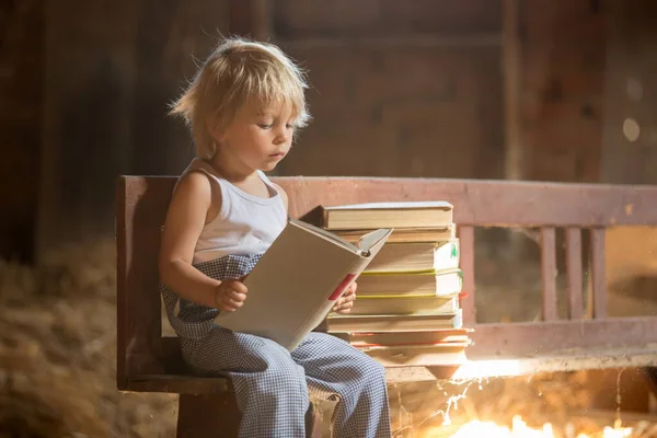 Kleine Peuter Jongen Zittend Oude Vintage Bank Met Veel Boeken — Stockfoto