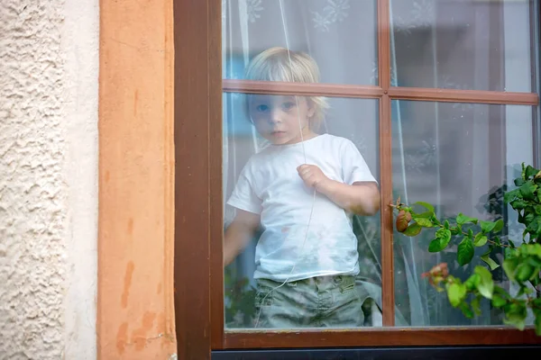 Niño Pequeño Niño Sentado Escudo Ventana Mirando Exterior Atardecer Hermoso —  Fotos de Stock