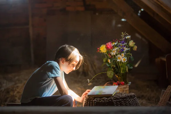 Niño Preescolar Leyendo Libro Ático Ambiente Agradable Flores Fresas Lado — Foto de Stock