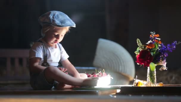 Cute Beautiful Child Blond Kid Reading Book Playing Construction Blocks — Stock Video