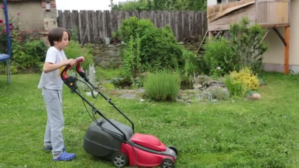 Young Child Boy Mowing Lawn Springtime Backyard — Stock Video