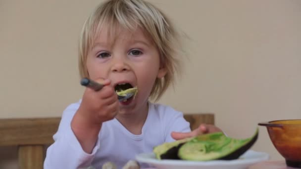 Χαριτωμένο Ξανθό Παιδί Αγόρι Τρώει Αβοκάντο Κουτάλι Υγιεινή Διατροφή Βίντεο Αρχείου