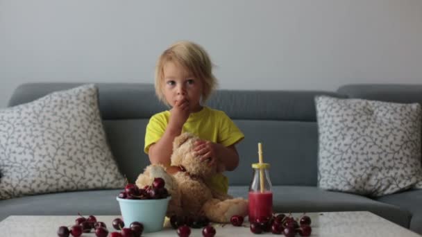 Lilla Blonda Barn Söt Pojke Äter Körsbär Med Nallar Hemma — Stockvideo