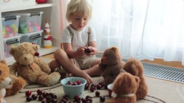 Küçük sarışın çocuk, tatlı çocuk, evde oyuncak ayılarla kiraz yiyor.