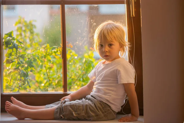 Abandoned Little Toddler Boy Sitting Sad Window Shield Looking Sunset — Stock Photo, Image