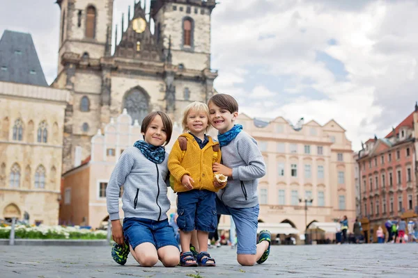 Cute Child Boy Visiting Prague Quarantine Covid Empty Streets — Stock Photo, Image