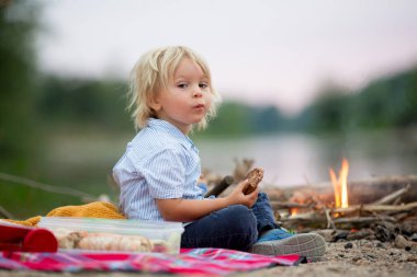 Aile piknik yapıyor ve yaz akşamları nehir kenarında kamp ateşi yakıyor.