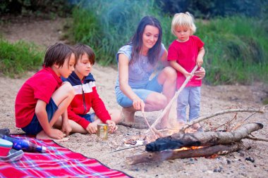 Aile piknik yapıyor ve yaz akşamları nehir kenarında kamp ateşi yakıyor.