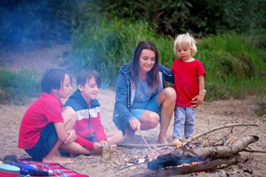 Aile piknik yapıyor ve yaz akşamları nehir kenarında kamp ateşi yakıyor.