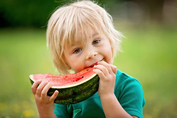 Cute Little Toddler Child Blond Boy Eating Watermelon Park Some — Stock Photo, Image