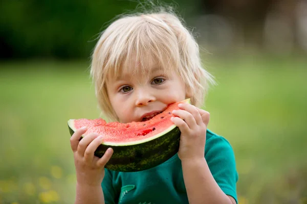 Schattig Klein Peuter Kind Blond Jongen Eten Watermeloen Het Park — Stockfoto