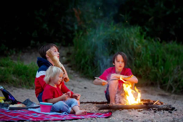 Familie Bei Picknick Und Lagerfeuer Abend Der Nähe Des Flusses — Stockfoto