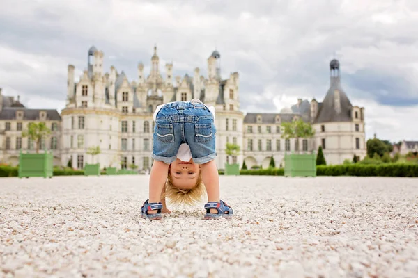 Niño Rubio Divertido Niño Niño Jugando Las Instalaciones Del Castillo — Foto de Stock