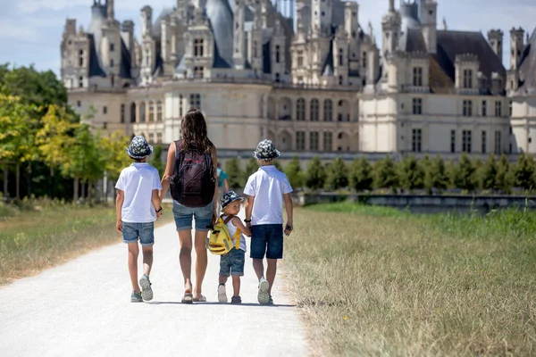 Anya Gyermekek Sétálnak Chambord Kastély Épületében Loire Völgyben Franciaországban Egy — Stock Fotó