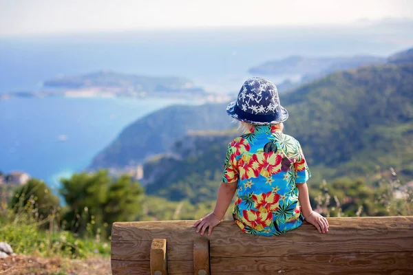 Child Toddler Boy Looking View French Riviera Top Mountain — Stock Photo, Image