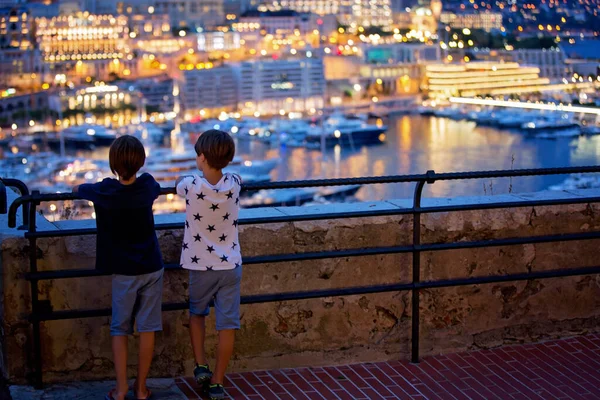 夏の夜 モナコ港の景色を眺める子供たち — ストック写真