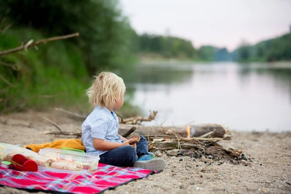 Kleinkind Junge Kind Beim Picknick Mit Seiner Familie Und Lagerfeuer — Stockfoto