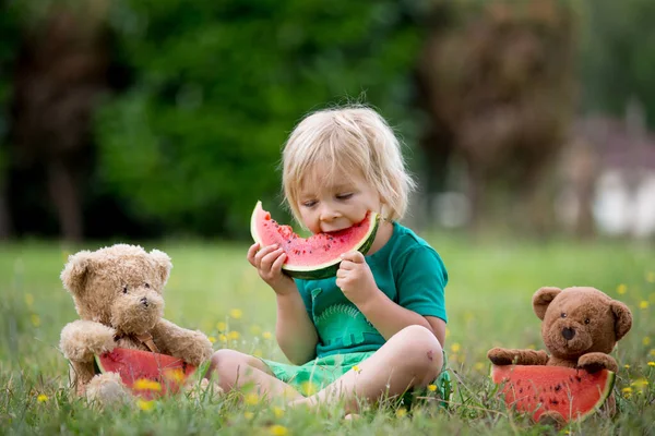 かわいい幼児の子供 ブロンドの男の子 公園でスイカを食べるテディベアの友人 — ストック写真