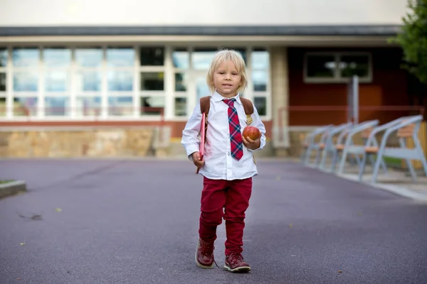 Προσχολική Ξανθιά Χαριτωμένο Αγόρι Στολή Hodling Μήλο Και Βιβλίο Πηγαίνει — Φωτογραφία Αρχείου