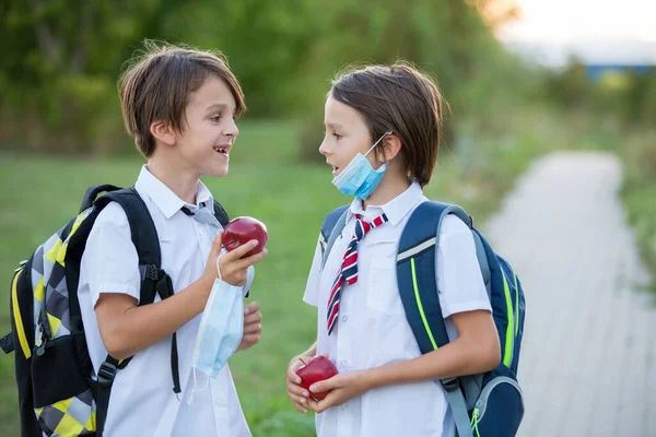 Crianças Escola Meninos Usando Máscaras Médicas Voltando Para Escola Após — Fotografia de Stock