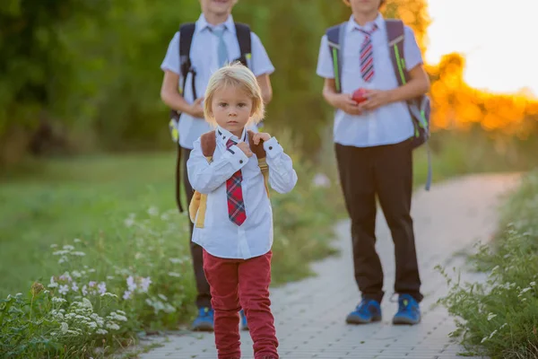 Шкільні Діти Хлопчики Повертаються Школи Після Літніх Канікул Діти Ходять — стокове фото