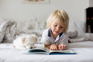 Sevimli küçük sarışın çocuk, yeni yürümeye başlayan çocuk, evde beyaz köpek yavrusuyla kitap okuyor.