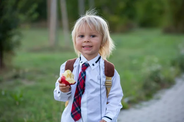 早熟金发碧眼的孩子 穿着制服的可爱男孩 拿着苹果 暑假后第一次上幼儿园 — 图库照片