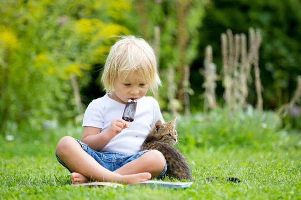 可爱的金发碧眼的小孩 可爱的孩子 和小猫在花园里玩耍 — 图库照片