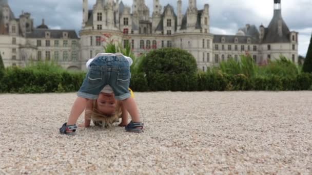 Funny Toddler Blond Child Boy Playing Premises Chambord Castle Loire — Stock Video