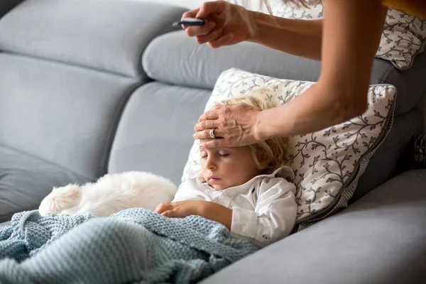 Anak Sakit Anak Balita Terbaring Sofa Dengan Anak Anjing Putihnya — Stok Foto