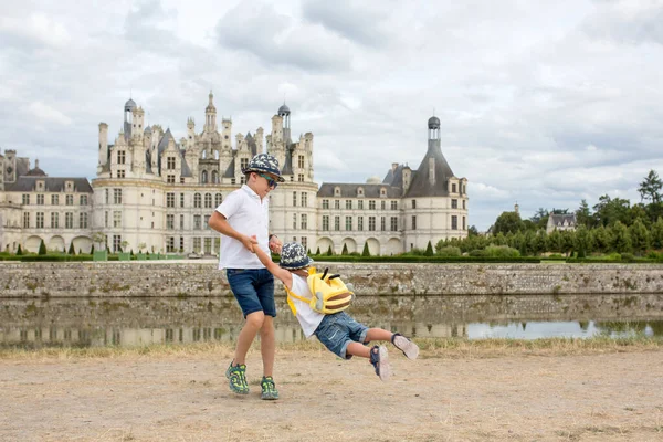 快乐的孩子们 在阳光明媚的夏日 在法国卢瓦尔河流域的城堡里享受着一天的快乐 — 图库照片
