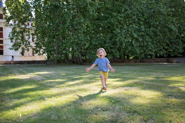 Dziecko Mały Chłopiec Bawiący Się Parku Biegnący Szczęśliwie Słoneczny Dzień — Zdjęcie stockowe