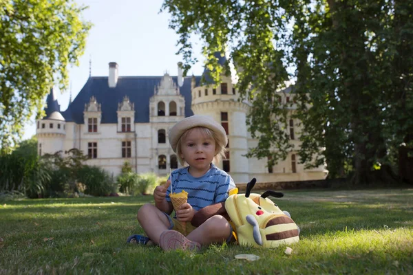 Niño Lindo Niño Pequeño Comiendo Helado Parque Día Soleado Verano — Foto de Stock