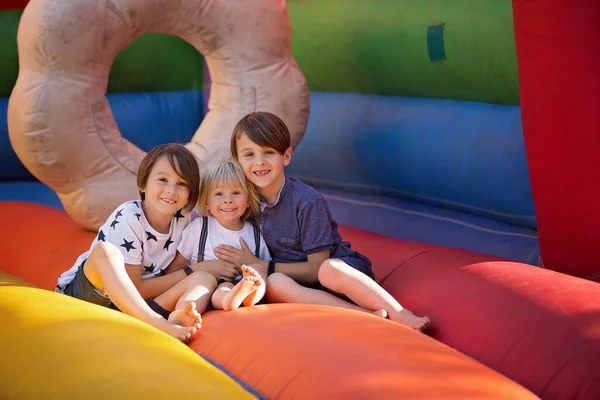Children Boys Playing Jumping Colorful Trampoline Park — Stock Photo, Image