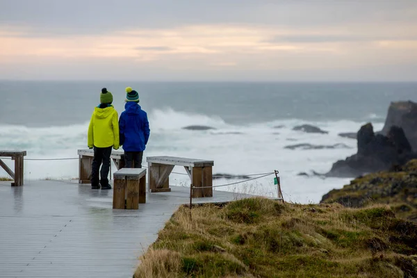 Діти Стоять Березі Океану Прекрасна Природа Національному Парку Снайфельсйокутль Ісландії — стокове фото