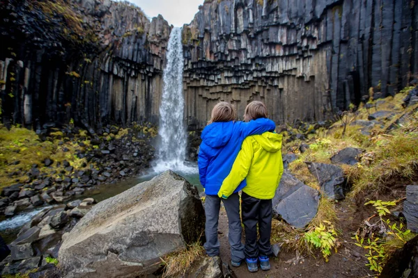 Niño Feliz Posando Frente Hermosa Cascada Svartifoss Parque Nacional Skaftafell — Foto de Stock