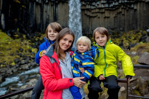 Мать Тремя Детьми Позирует Перед Красивым Водопадом Национальном Парке Скафтафель — стоковое фото