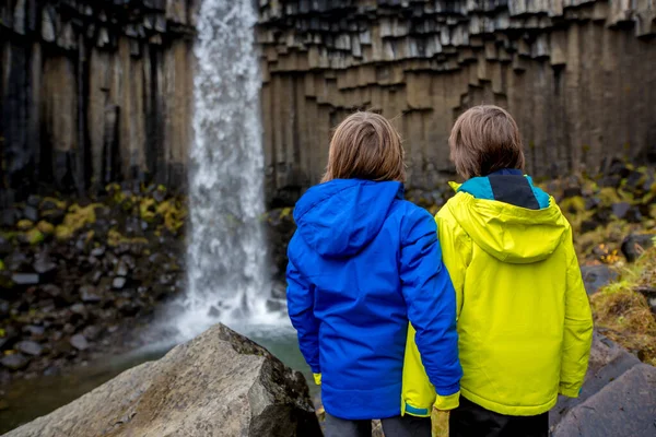 Niño Feliz Posando Frente Hermosa Cascada Svartifoss Parque Nacional Skaftafell — Foto de Stock