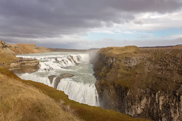 Landskap Med Stora Majestätiska Gullfoss Vattenfall Bergen Island Höst — Stockfoto