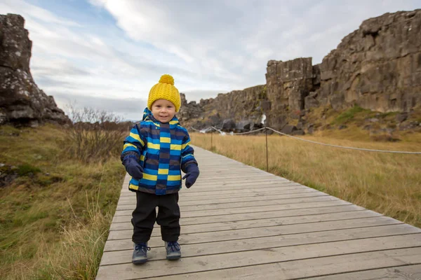 Милое Дитя Мальчик Наслаждаясь Солнечным Днем Oxarfoss Водопад Thingvellir Национального — стоковое фото