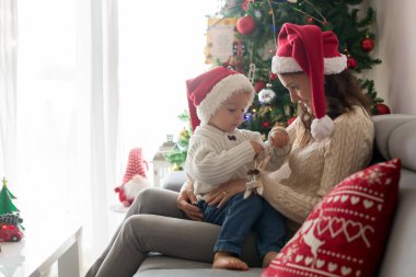 Güzel genç anne ve sarışın çocuk, rahat bir evde oturuyor, Noel için süslenmiş, kitap okuyor, sarılıyor ve öpüşüyor.