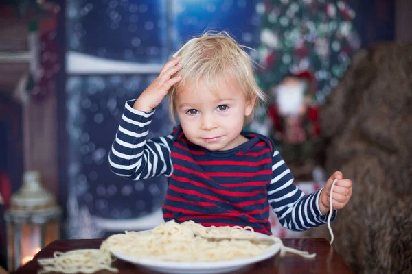 Sweet Toddler Child Boy Eating Spaghetti Home Christmas — Stock Photo, Image