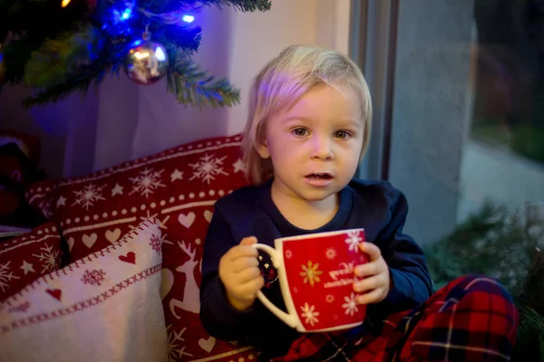 Petit Garçon Doux Pyjama Noël Assis Sur Fenêtre Près Arbre — Photo